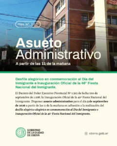 Oberá: Asueto administrativo por la inauguración de la Fiesta Nacional del Inmigrante